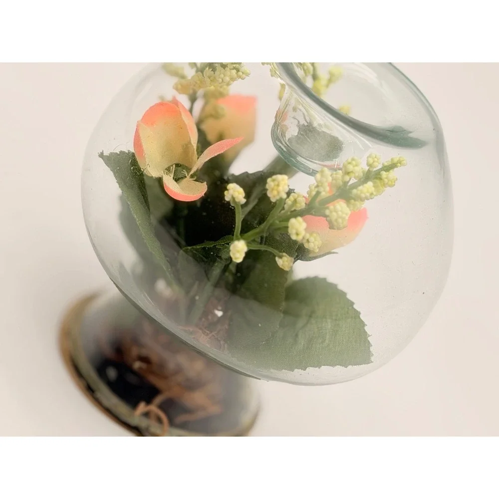 Vintage Glass Terrarium Votive Candle Holder Faux Pink Flowers Metal Base Orb